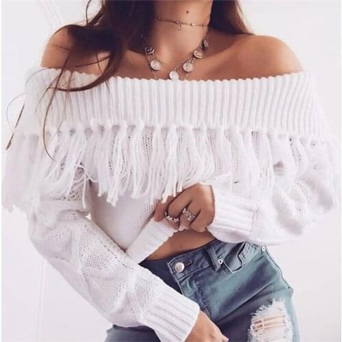Fanco Women Sexy Off Shoulder Knitted Sweater Pullovers Winter Autumn Long Sleeve Tassel Ladies Solid Slash Neck Crop Tops
