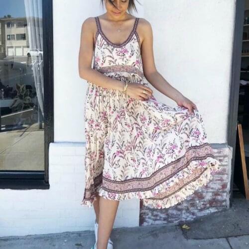 Happie Queens women floral print v-neck sleeveless beach Bohemian dress Ladies Summer rayon Boho midi dress vestidos