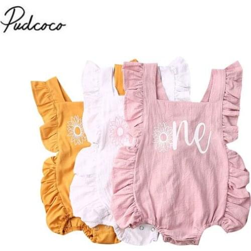 2020 Cute Summer Baby Girls flower Printed Jumpsuits Ruffles One Year Baby Sleeveless Open Crotch Romper