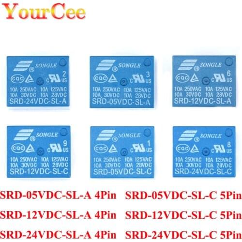 5pcs 5 Pins SRD-05VDC-SL-C SRD-12VDC-SL-A SRD-24VDC-SL-C 5V 12V 24V 10A 250VAC Power Relay PCB 4Pin 5Pin Type T73-5V 10A 125VAC