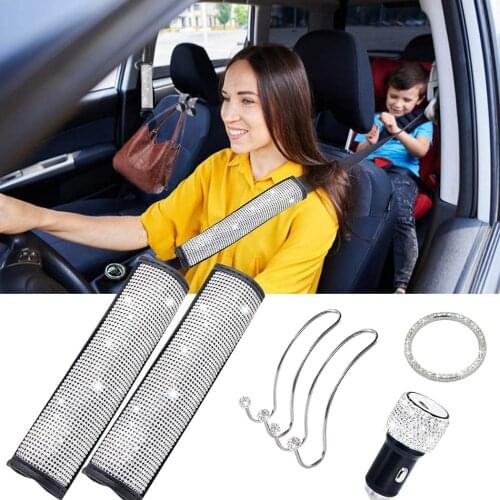 Car Accessories for Women 6PACK,Bling Car Seat Hook Backseat,Rhinestone Auto Seat Belt Cover,Crystal Bling Ring,Car Charger