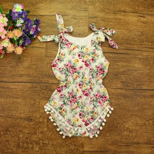 Free shipping Ruffled baby girls Cotton Sunsuit flower Rompers Kids bubble palysuit print Jumpsuit Cotton Romper with balls