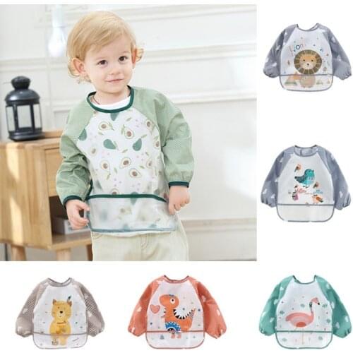 Baby Kids Toddler Long Sleeve Scarf Waterproof Art Smock Feeding Bib Apron Pocket Infant Boys Girls Burp Cloth Banana Bibs