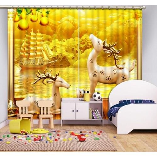 Home decor decoration Custom any size 3d curtains Gold jade carving gourd Sika deer modern curtains for living room
