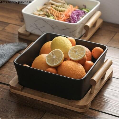 Square Ceramic Salad Bowl Wooden Base Fruit Tray Dinner Plate Noodle Bowls Decorative Plate Mixing Bowl Dessert Plates Dishes