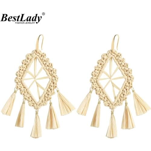 Best Lady Fashion Raffia Weave Square Drop Earrings for Women Boho Trendy Handmade Fringed Drop Earrings Jewelry Gift Wholesale