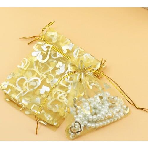 100pcs 7x9cm Tull Drawable Organza Bags Heart Gold color Wedding Christmas Gift Bag Jewelry Packaging Bags Pouches