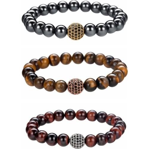 Fashion Luxury Men Charm Ball Bracelet Pave CZ Cubic Zirconia Crown Lava Stone Bead Bracelets Chakra 8MM Stretch Boy Girl Bangle