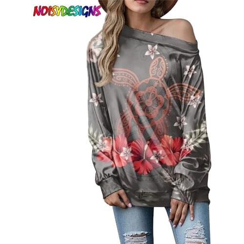NOISYDESIGNS Fashion Sexy Women One Shoulder Off Shoulder Top Hawaii Turtle Polynesian Tribal Hibiscus Pattern Long Sleeves Tees
