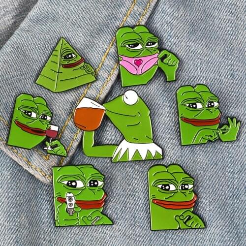 Cartoon Pepe the Frog Meme Enamel Pins Shoot Pyramid Thinking Drinking Funny Animal Brooches Badge Jewelry trinket for Friends