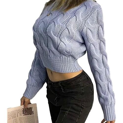 2021 New Women Casual Long Sleeve Sweater Fashion Solid Color Loose Short Style Knitted Twist Tops