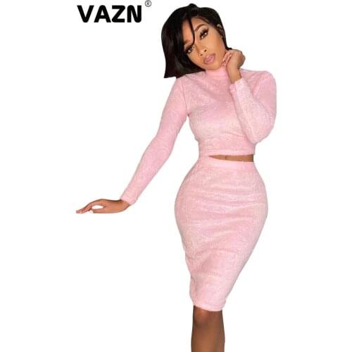 VAZN 2020 Winter New Sweet Young Sexy Solid Simple Designer Full Sleeve Top Pencil Midi Skirts Skinny Women 2 Piece Set