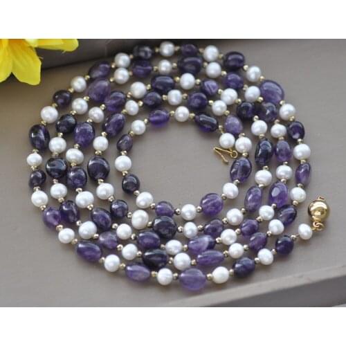 Z10615 50" 12mm Purple Baroque Amethyst White Round Pearl Necklace magnet
