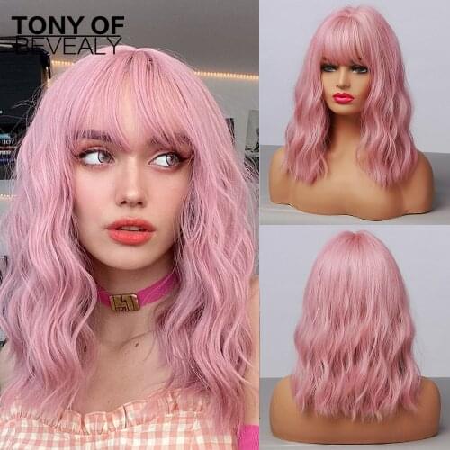 Medium Length Water Wave Synthetic Wigs Cute Pink Wigs With Bangs for Women Cosplay Natural Heat Resistant Bob Lolita Hair