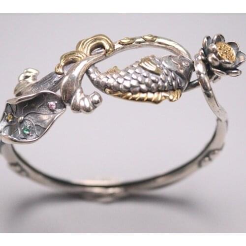 Real 925 Sterling Silver Bracelet Width 21mm Partially Gilt Fish And Lotus Bangle Diameter 56mm