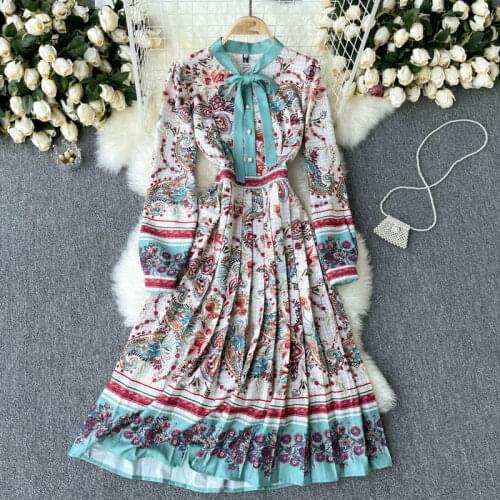 Luxury Europe Style 2021 Spring Autumn Elegant Women Bow Long Sleeve Vintage Floral Print Dress Female Vacation Party Dresses