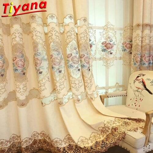 Hotel Luxurious Peony Embroidery Tulle Curtains for Living Room Beige Semi-Blackout Curtains for Bedroom Villa X-M258#VT