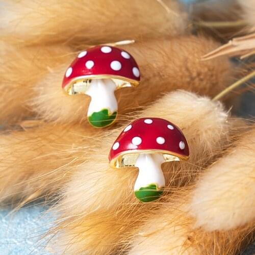 Cute Red Mushroom Stud Earrings White Dots Drop Oil Earring Autumn Forest Theme Jewelry Women Girl Birthday Gift Party Vintage