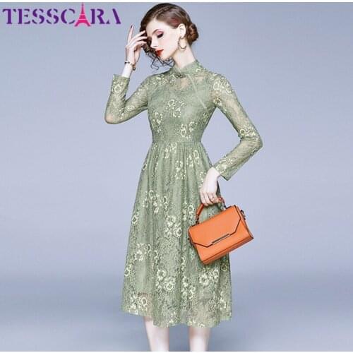 TESSCARA Women Spring Elegant Lace Dress Festa Female Cocktail Party Robe High Quality Designer Vintage Chinese Style Vestidos
