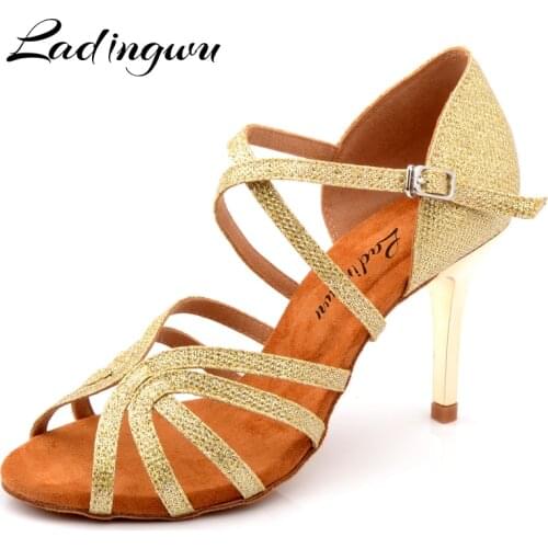 Ladingwu Women Ballroom Dance Shoes Golden Glitter Profession Latin Dance Shoes Latex Soft Bottom Salsa Shoes Dance Sandals