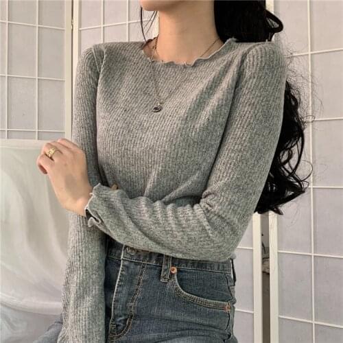 2021 New T Shirt Women Solid Slim Korean Fashion Long Sleeve Tshirt Korean Style Top Tees Female Cheap Women Clothing