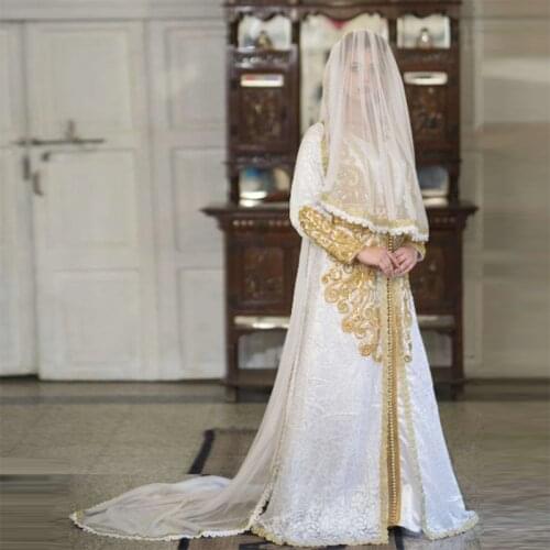 2021 Elegant White Moroccan Kaftan Lace Wedding Dress Luxury Beading Embroidery Long Sleeves Muslim Saudi Arabic Bridal Gown