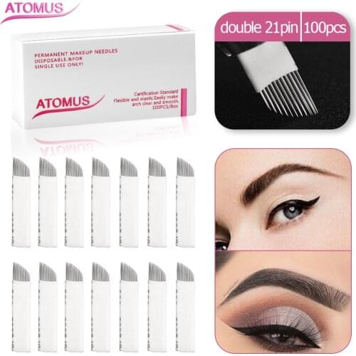 100pcs Double 21Pin Microblading Eyebrow Tattoo Needle Blading For 3D Embroidery Tattoo Pen Accessory Permanent Makeup Blading