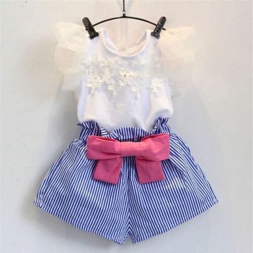 Baby Blouse Shorts 2pcs Sets Girls Sweet Lace Sleeves Flying Short Sleeve T-shirt + Bow Shorts 3-7 Year