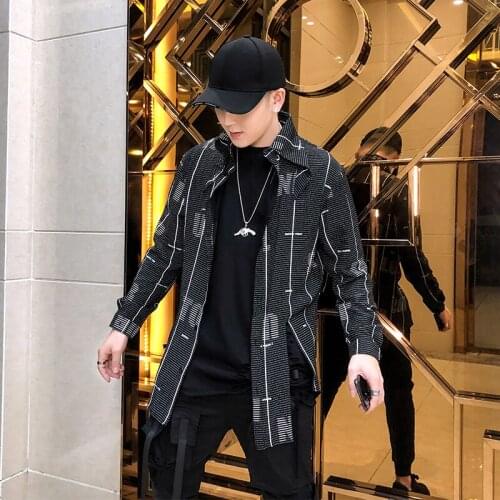 2021 fashion male print splicing long-sleeved shirt autumn new Korean version slim fashion hair stylist fashion thin coat