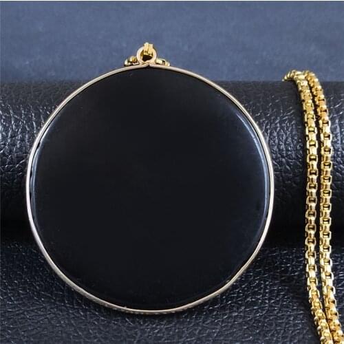 2021 Natural Black Obsidian Stainless Steel Chains Necklace for Women Round Big Long Necklace Chain Jewelry colgante mujer NXS04