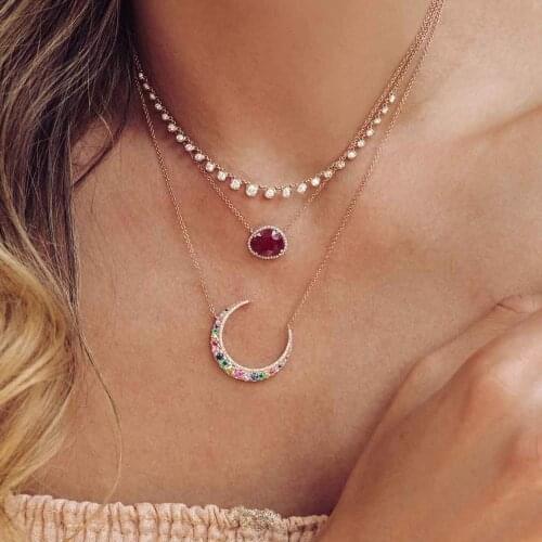 2021 high quality AAA cubic zirconia CZ jewelry Crescent Moon pendant rainbow colorful cz bright necklace