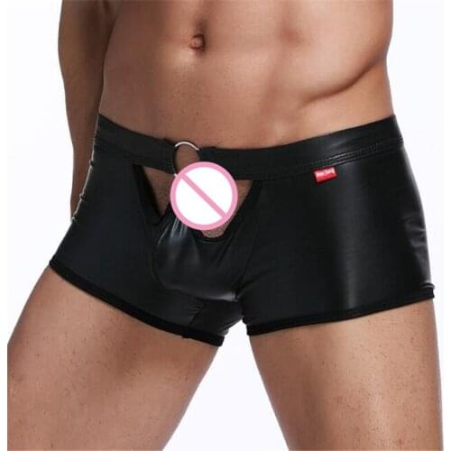 Sexy Fashion Men Boxers Gay Underwear PU Leather Mens Boxer Shorts Man Male Underwear Underpants Mens Underwear Hoop Hollow Out