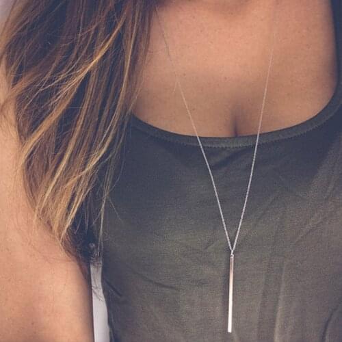 FORSEVEN Women Girl Simple Classic Long Link Chain Stick Pendant Necklace Hollow Necklaces Dating Party Anniversary Jewelry