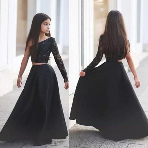 Black Two Pieces Flower Girl Dresses Wedding Long Sleeves Lace Pageant Dresses For Teens One Shoulder Crystal Kids Formal Wear
