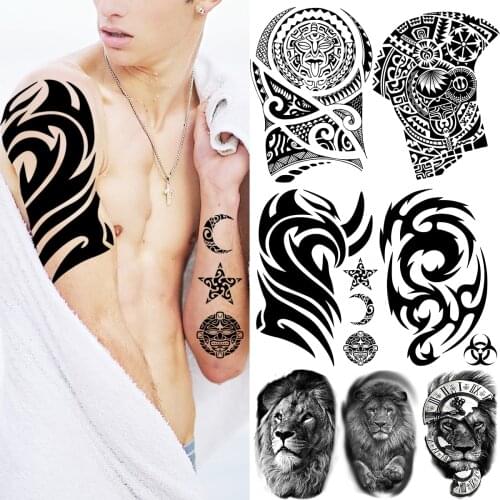 Black Thorns Moon Star Temporary Tattoos For Men Adults Realistic Maori Totem Lion Compass Fake Tattoo Sticker Arm Chest Tatoos