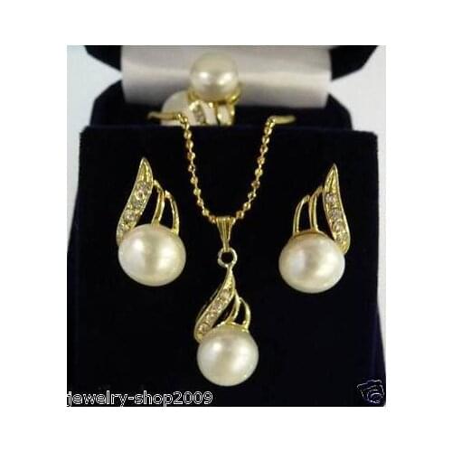Hot sell new - Jewelry white pearl pendant ring earring set AAA style 100% Natural jade Noble Fine jewe