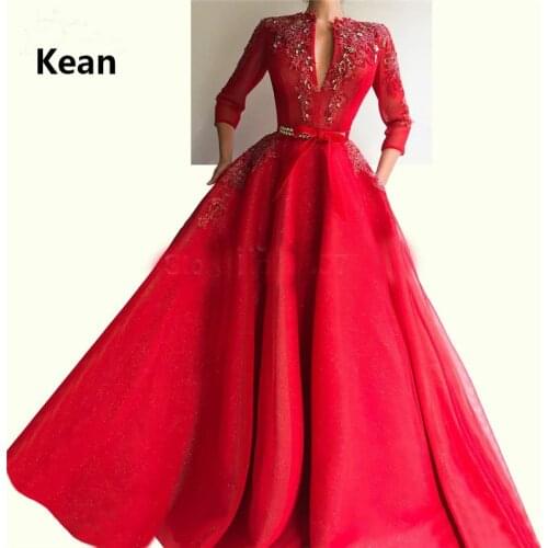 Red Muslim Evening Dress V-Neck Three Quarter Pocket Bead robe soiree Islamic Dubai Kaftan Saudi Arabic Evening Gown Prom Dress
