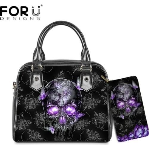 FORUDESIGNS Hot Style Women PU Handbag And Purse Set Sugar Skull With Rose Flower Butterfly Print Lady Totes Sac Luxury Bolsa