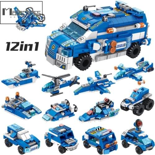 Mailackers City Police Station Sets Deformed Helicopter Boat Trucks Transport Vehicles Model Building Blocks Toys For Children