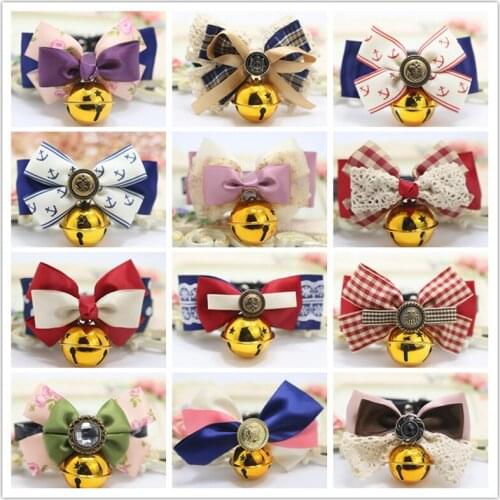 Cute Cat Dog Collar Adjustable Leather Bowtie Necktie Dog Accessories Plaid Lace Various Styles Bowknot with Golden Bell Dog Tie
