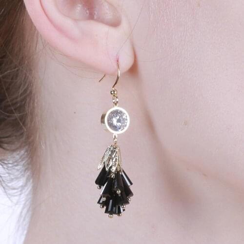KIVN Earings Fashion Jewelry Gold Long Tassel Sparkling CZ Black Earrings for Women Jewel Christmas Party Birthday Gifts