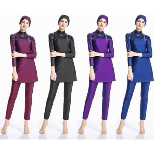 Muslim Conservative Swimsuit Solid Color Slim Long Sleeve Sunscreen Three-piece Swimsuit