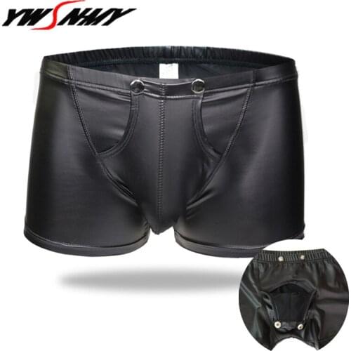 Sexy Men Boxers Underwear PU Faux Leather Metal button Underpants Fashion Stage Homme Gay Plus Size Cueca Boxers Shorts