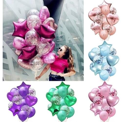 14pcs Balloon Set Rose Gold Silver Latex Foil Confetti Star Heart Balloons for Adult Kids Birthday Party Wedding Decorations