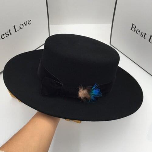 New winter wool hat big brim ins tidal flat eaves fashion feathers and belt black fedoras for women