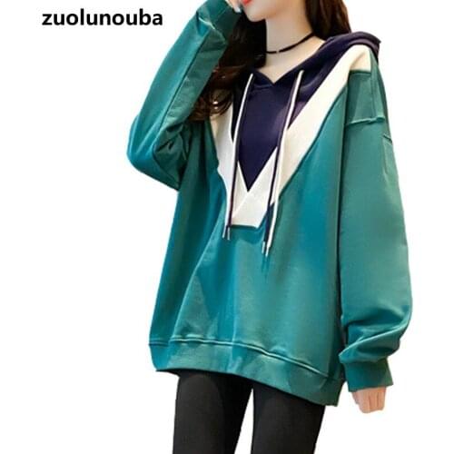 Fall New Fashion Contrast Color Female Hooded Top Loose Casual Color Matching Foreign Style Trendy Mid-length Women Sweatshirt