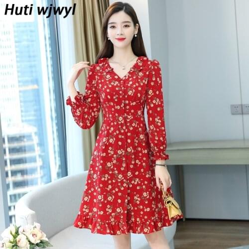 Autumn Winter Red Vintage Floral Midi Dress Korean 3XL Plus Size Boho Beach Casual Dresses 2021 Elegant Women Party Sexy Vestido