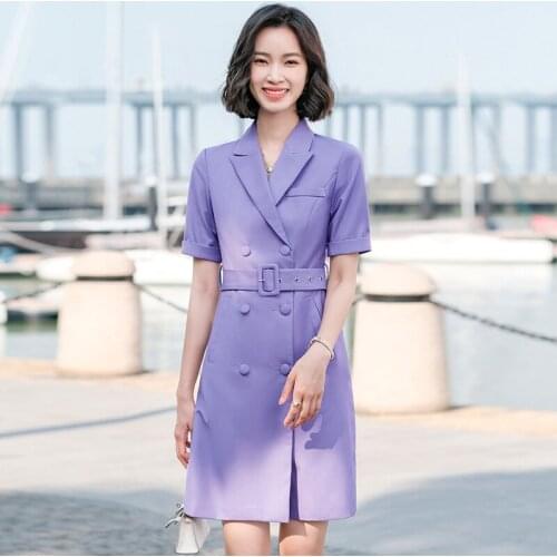 Summer Short Sleeve Dresses Elegant Purple for Women Business Work Wear Dress Beauty Salon Vestidos with Belt OL Styles