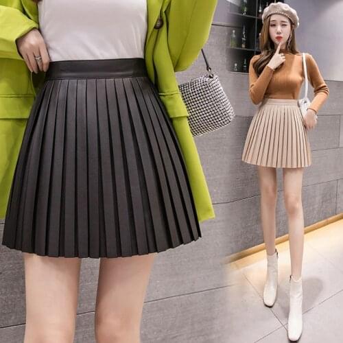 Casual Summer Women Mini Skirt High Waist Black Pleated Skirts Women Korean YeK Fashion School PU Streetwear Short Skirt Line-a
