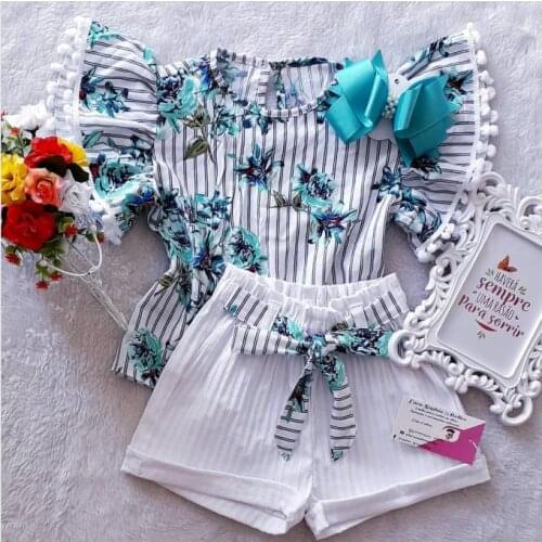 PUDCOCO 2020 Newest Summer Baby Girls Clothes Set Floral Flared Sleeve T-shirt+Bow Knot Solid Shorts Pants Sunsuit Outfits